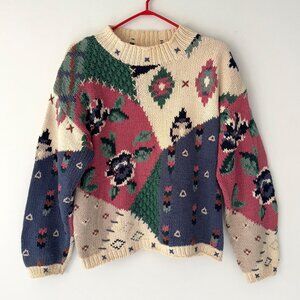 80s vintage multicolor floral patchwork grandma thick chunky hand knit sweater